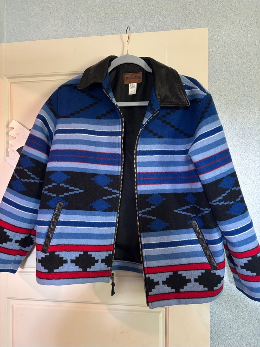 Vintage Pendleton Blue, Black & Red Patterned Wool Jacket Made in USA Aztec
